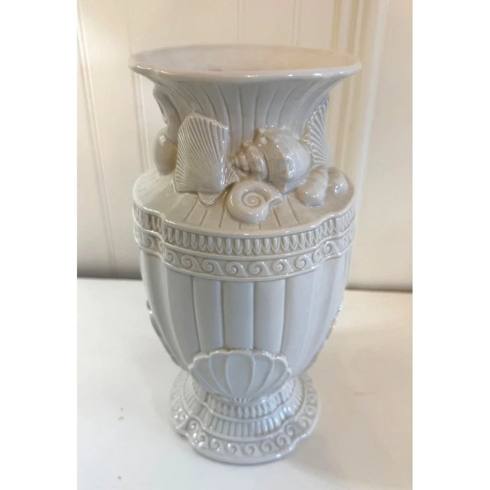 Fitz And Floyd Atlantis Collection Vase Seashell Coastal Nautical Ceramic White‎